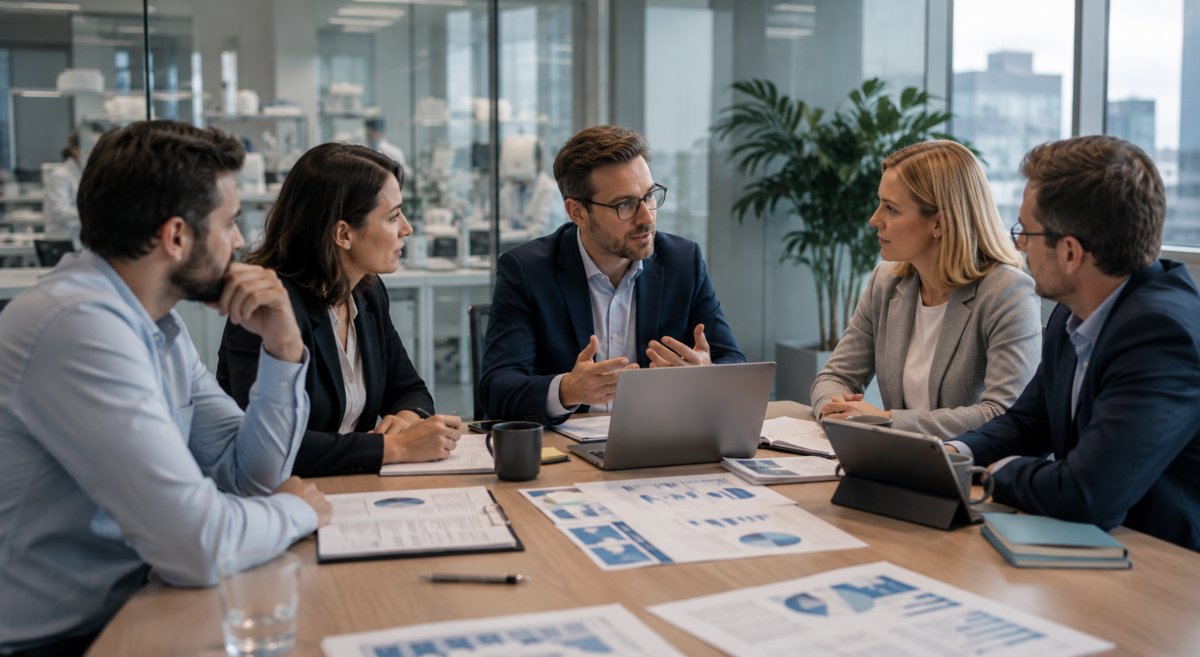 Business advisors discussing compensation and benefits strategy in a modern office with life sciences professionals and analytical reports on the table.