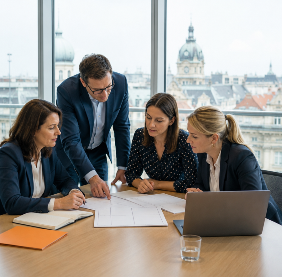 Four professionals reviewing country-by-country schedules around a meeting table in a modern European office.