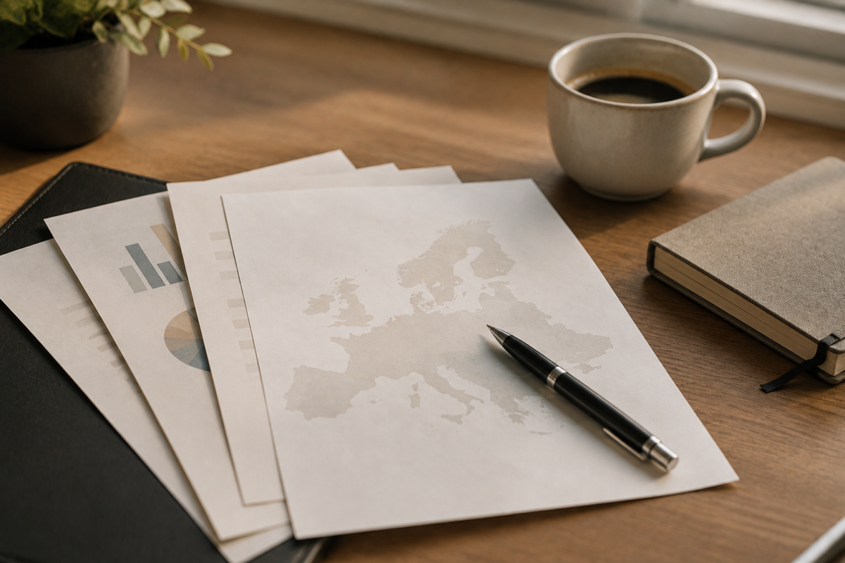European workforce planning documents with a pen, coffee, and notebook on a desk