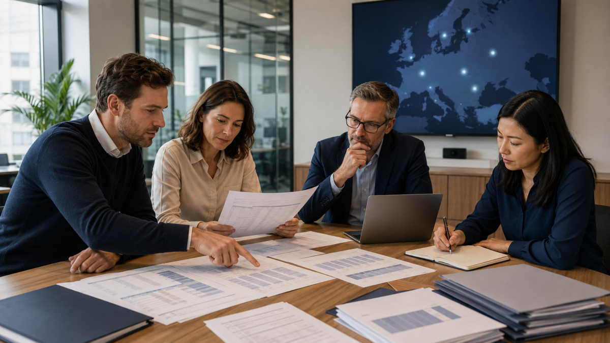 Four professionals reviewing payroll data and country requirements during a multi-country payroll consolidation meeting.