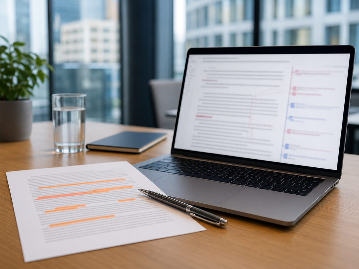 Highlighted contract beside a laptop displaying a blurred tracked-changes document on a clean office desk.
