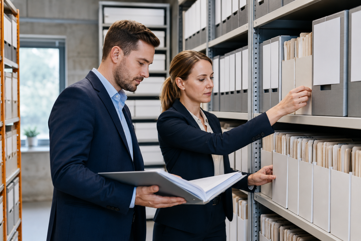 Two HR professionals retrieving and reviewing archive folders in a manufacturing plant records room.
