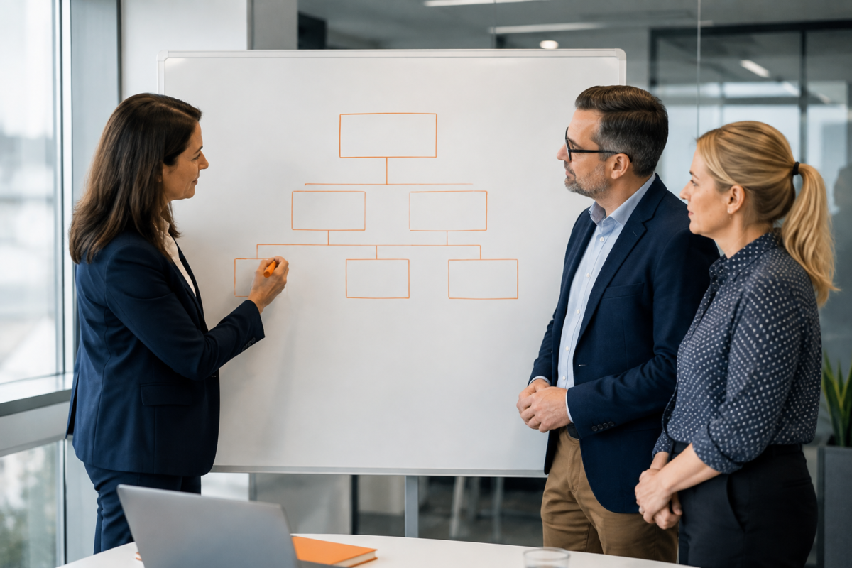 Three professionals reviewing a tiered organizational structure diagram on a whiteboard in a modern meeting room.