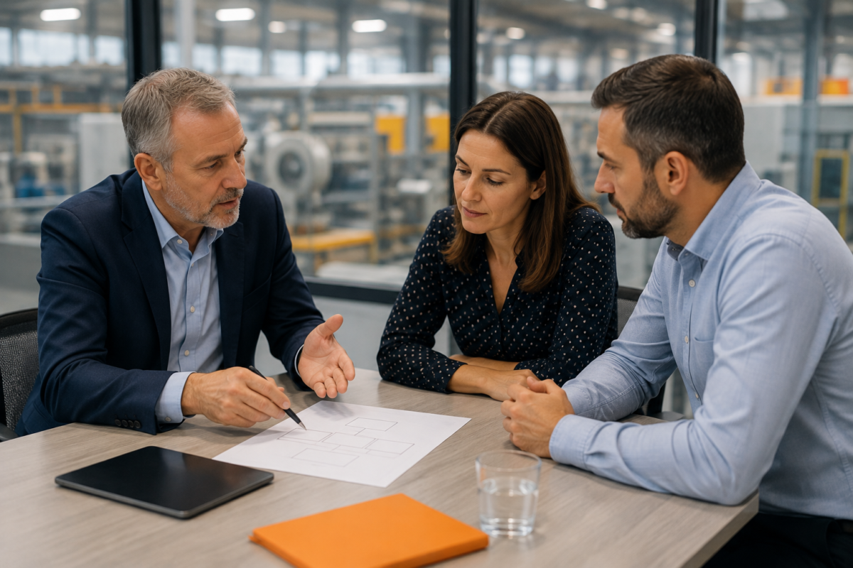 Senior consultant briefing two plant HR managers over a process document in a modern office overlooking a factory.