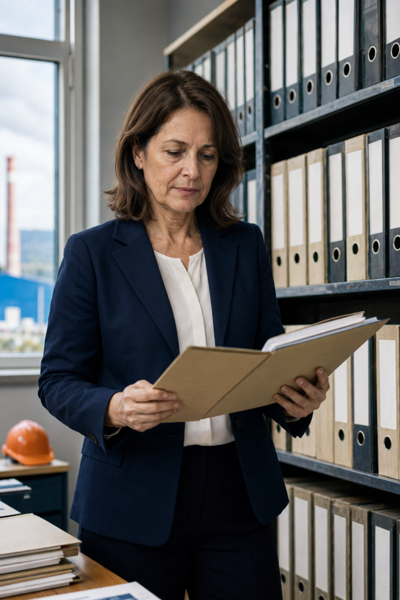 Senior HR professional reviewing an open folder in a plant-side records area with archive binders behind her.