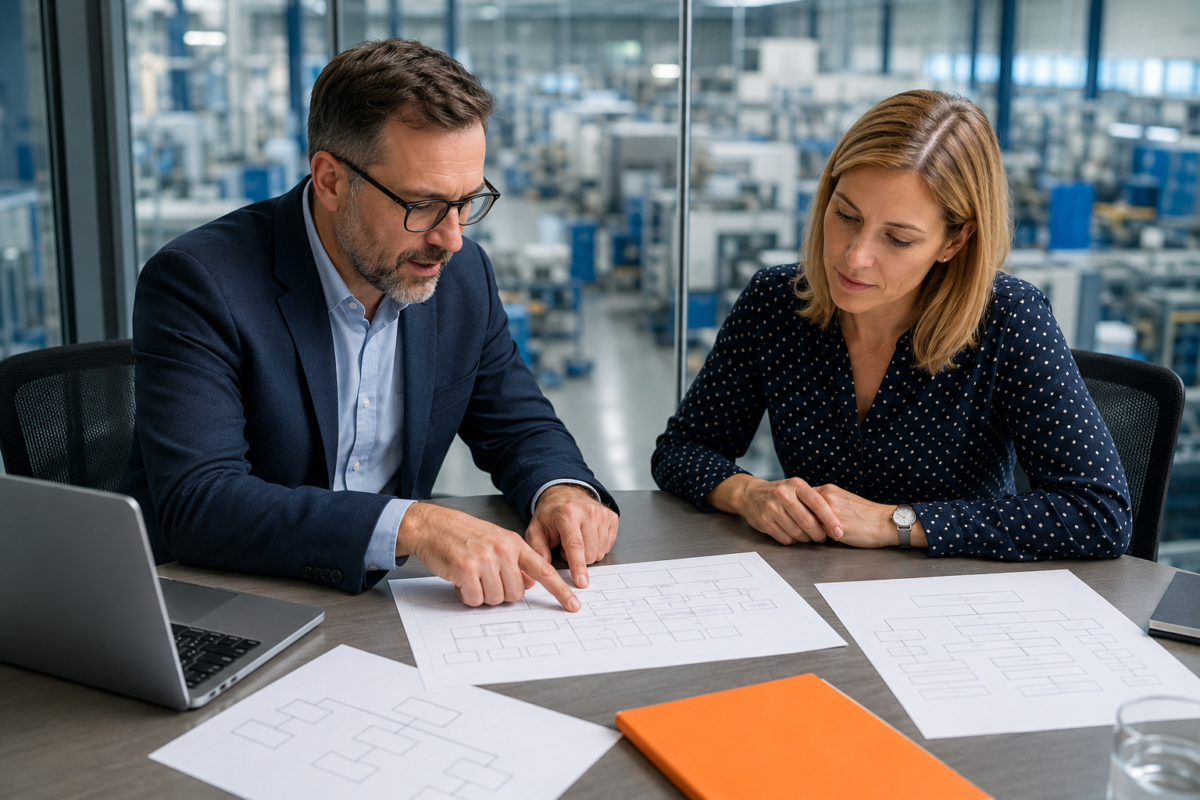 Two HR professionals reviewing role and grading charts in an office overlooking a manufacturing plant.