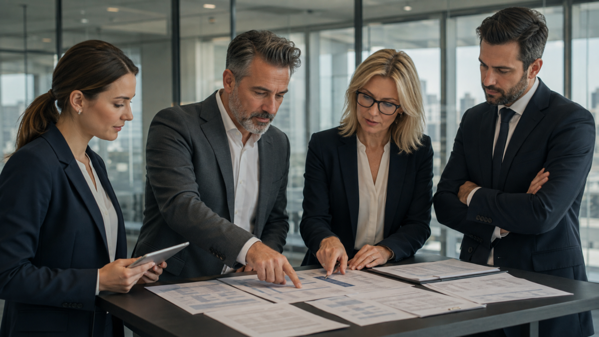 Four business professionals reviewing employment documents around a table in a modern office.