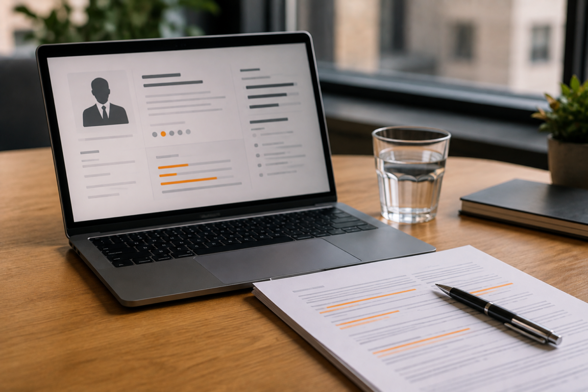 Laptop displaying a candidate profile beside a highlighted resume during an executive search