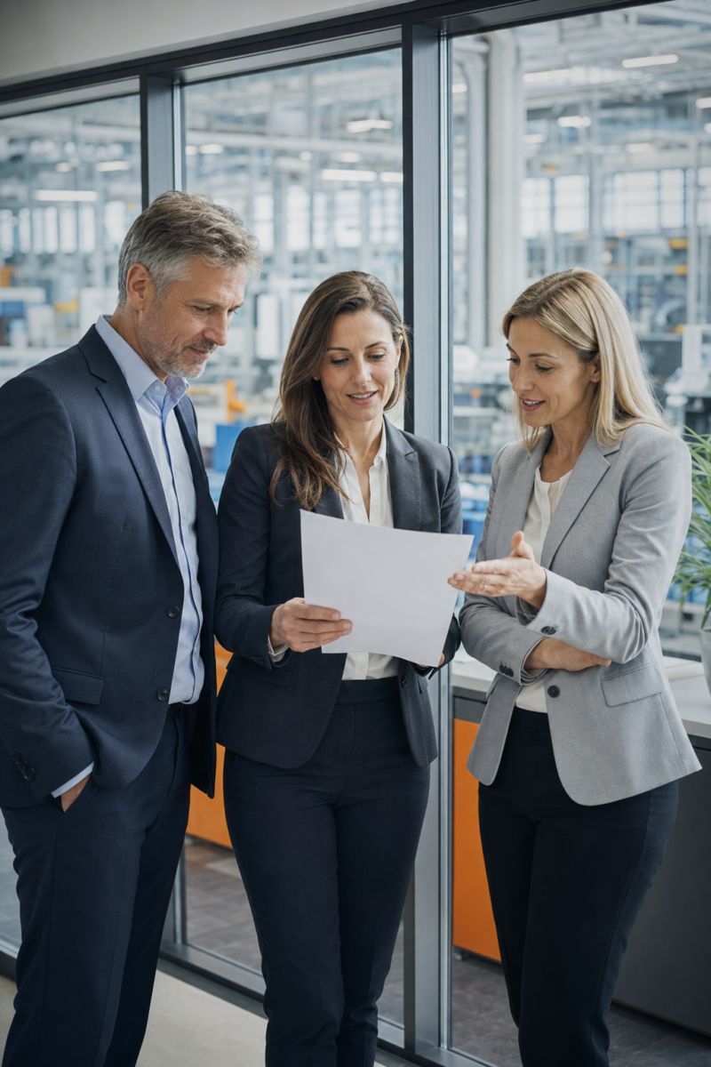 Three business leaders reviewing a document together in a plant-side office overlooking a manufacturing floor.