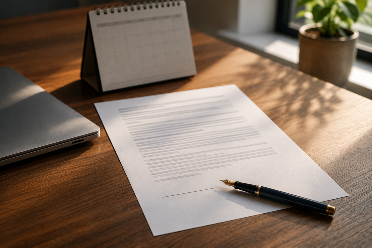 Employment contract and calendar on a desk representing coordinated payroll and HR processes across multiple countries.