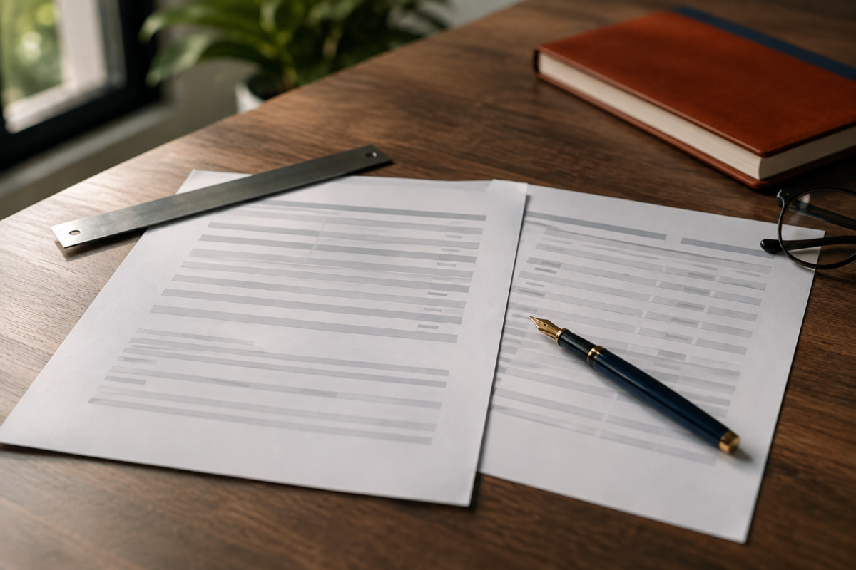 Printed payroll and employment documents arranged on a desk with a ruler, fountain pen, notebook, and reading glasses.