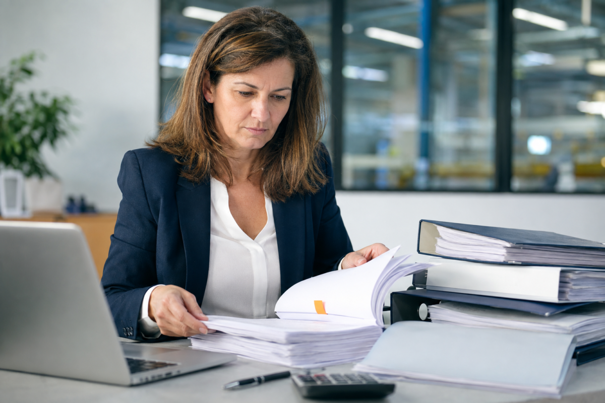 HR professional reviewing printed payroll records and archive binders at a desk in an industrial office.