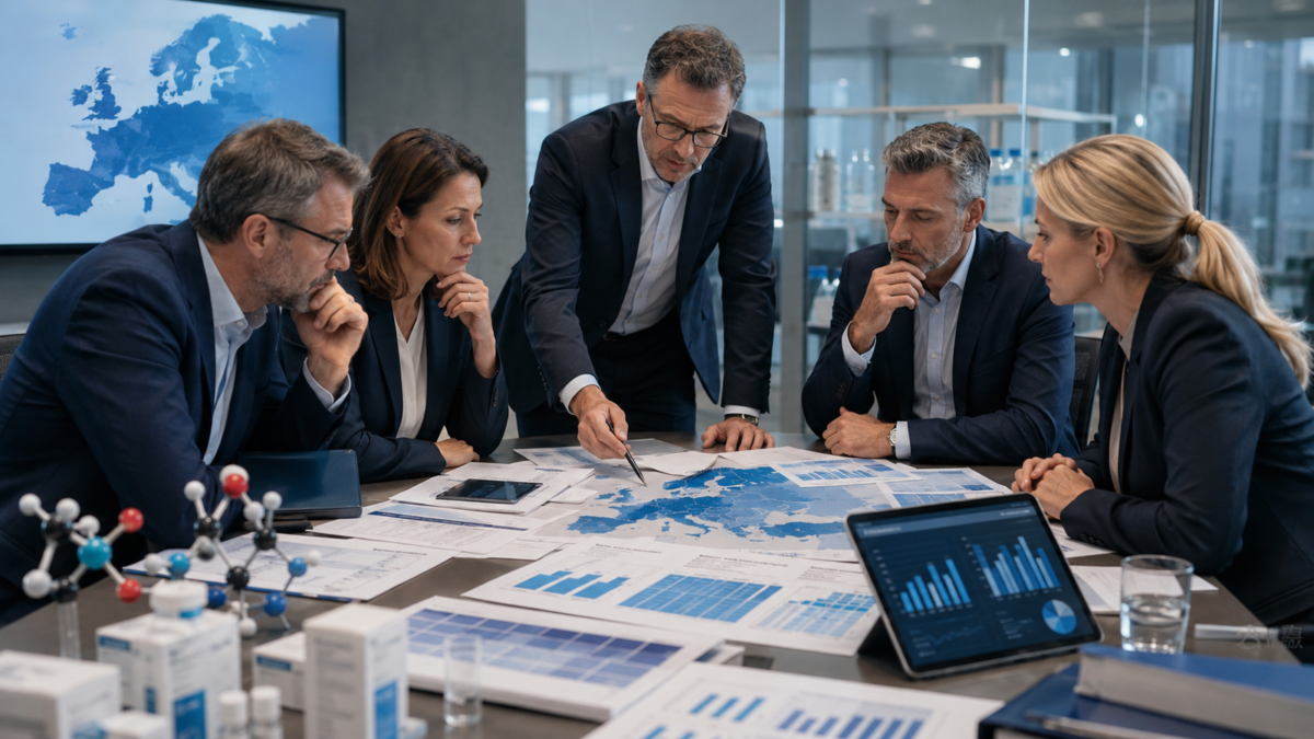 Business and HR leaders reviewing complex European pharma compensation risks across multiple markets, with pay data, compliance documents, and life sciences visuals on the table.