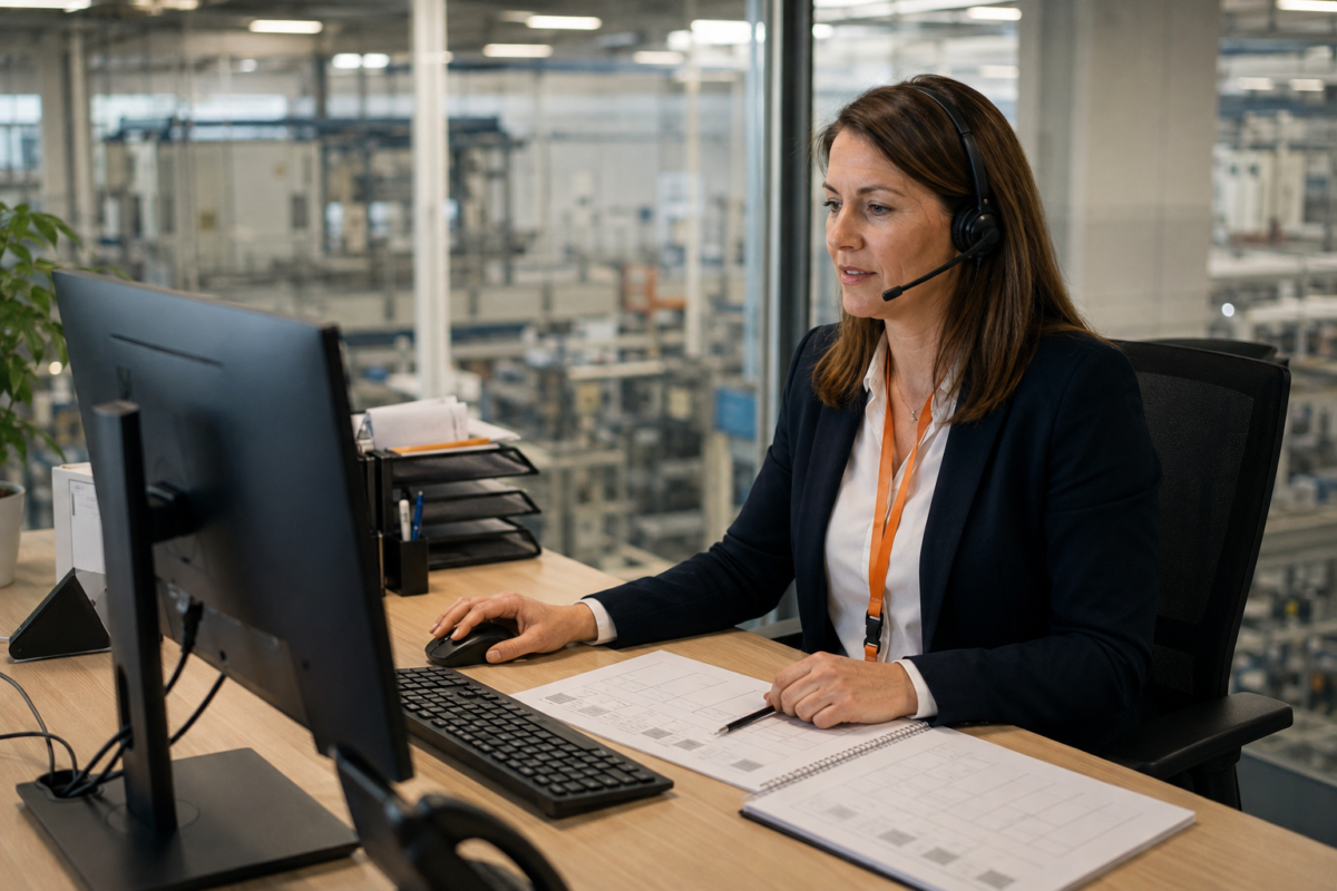 HR manager wearing a headset and working at a computer in an office overlooking a manufacturing plant.