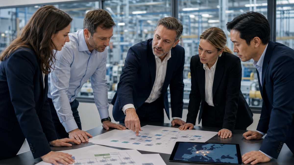 Leadership team reviewing organizational charts and European hiring locations in a manufacturing office