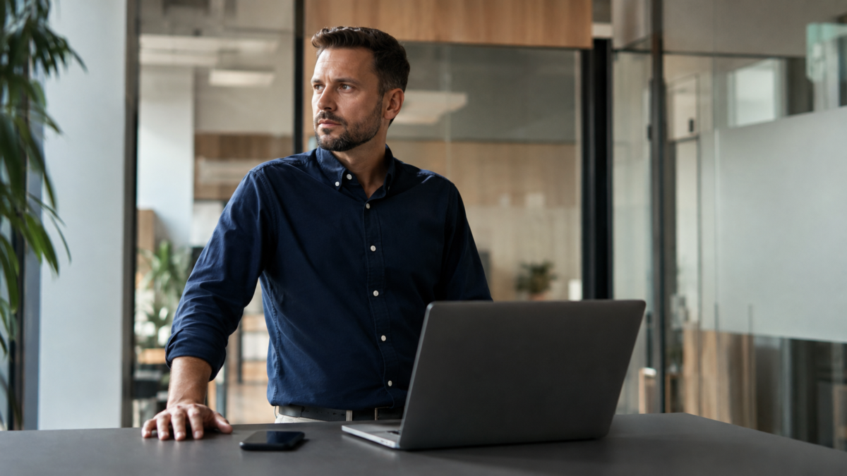 Recruiter at a standing desk preparing compensation and salary range information for hiring under EU Pay Transparency requirements.