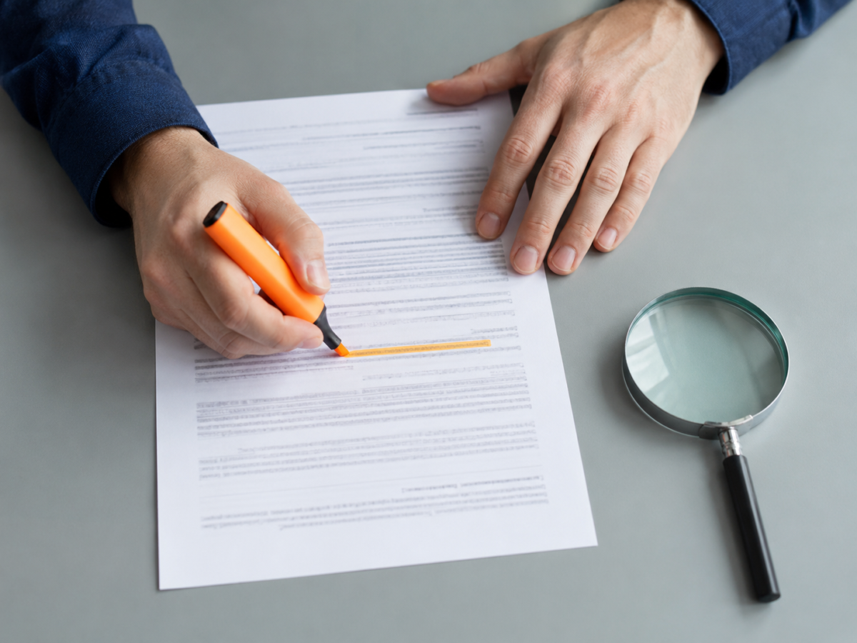 Hands highlighting a section of a printed contract beside a magnifying glass on a clean desk.