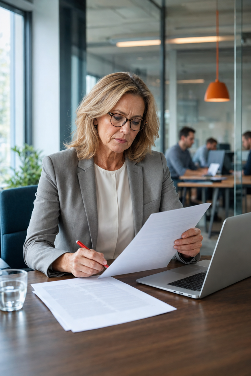Senior HR consultant reviewing an employment contract with a red pen beside a laptop and reference document.