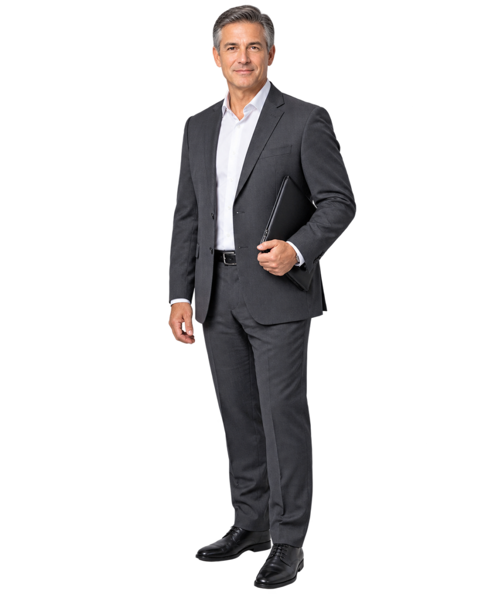 Senior HR and total rewards executive in a charcoal suit holding a folder, isolated on a transparent background.