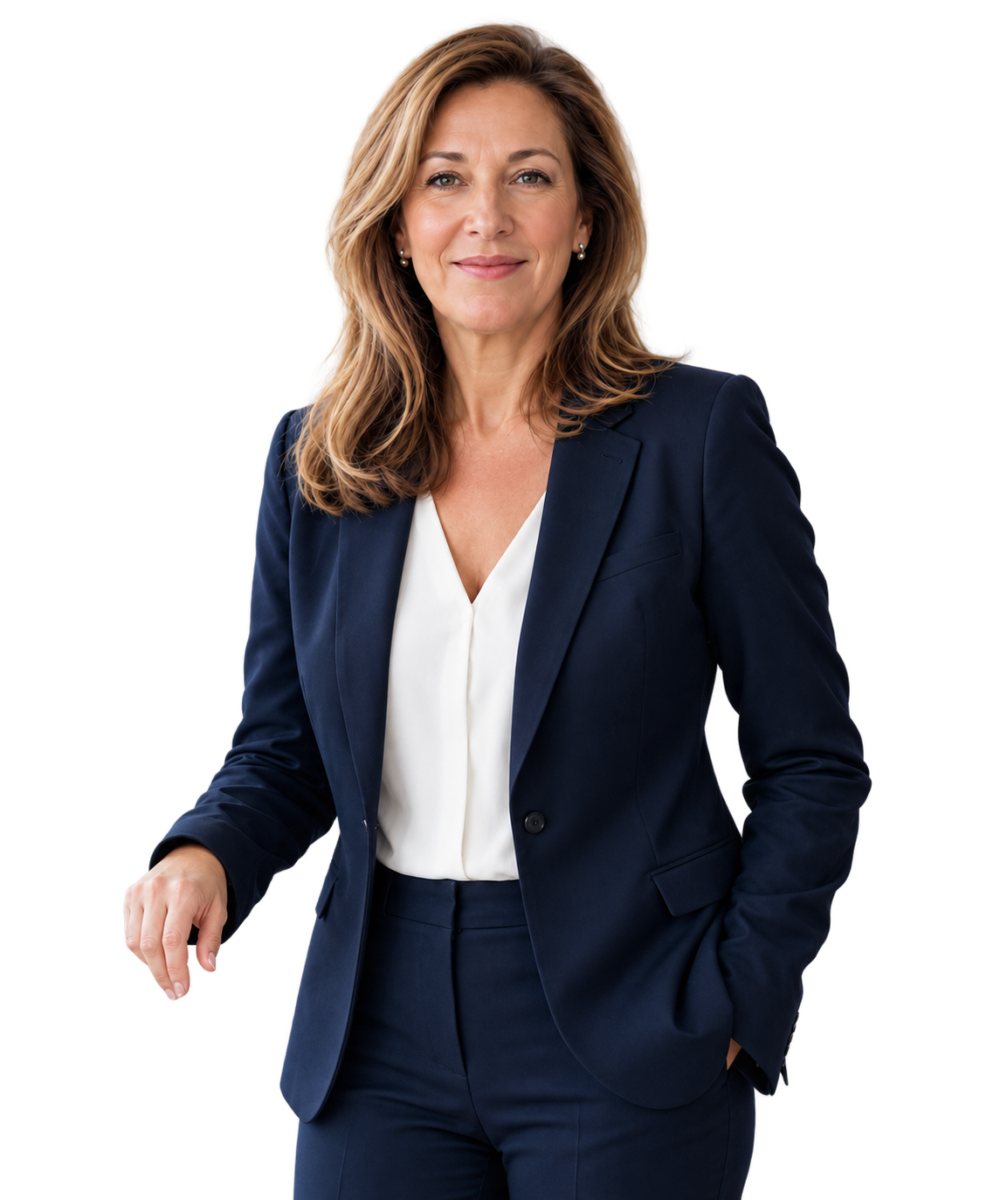Confident senior HR executive in a navy blazer, isolated on a transparent background